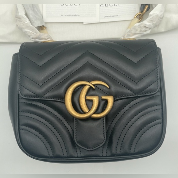NEW! GUCCI BLACK GOLD MARMONT LEATHER CROSSBODY SHOULDER BAG PUSE AUTHENTIC - Picture 6 of 16